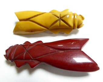 Cicadas, BAKELITE art deco brooches, pair of, bordeaux red and ochre yellow