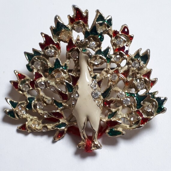 Peacock vintage brooch, Christmas peacock, red and