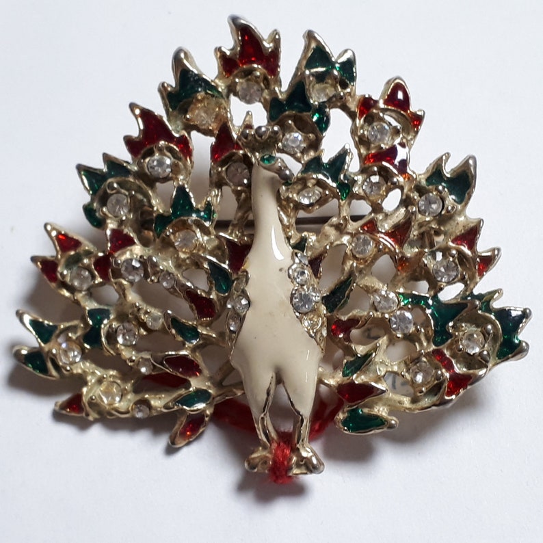 Christmas peacock clear rhinestones Peacock vintage brooch red and green