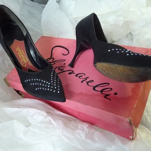 Elsa Schiaparelli stiletto shoes, authentic fifties, black with rhinestones.