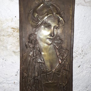 VICTORIAN BRASS plaque,  beautiful torso of lady in a robe, repoussé, art nouveau