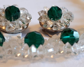 Collier et boucles d'oreilles clip en cristal, transparentes et vertes, vintage