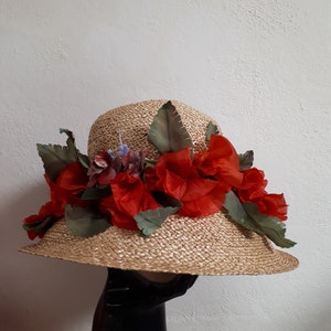 ELSA SCHIAPARELLI vintage hat, straw with poppies and forget-me-nots, wide-brimmed image 1