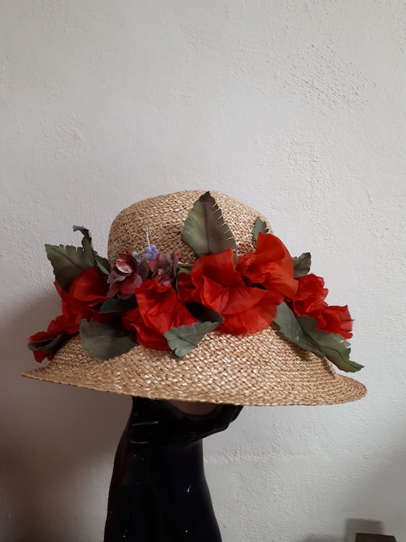 ELSA SCHIAPARELLI vintage hat, straw with poppies
