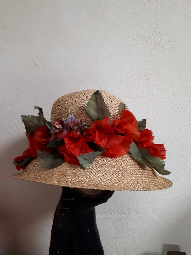 ELSA SCHIAPARELLI vintage hat, straw with poppies and forget-me-nots, wide-brimmed image 1