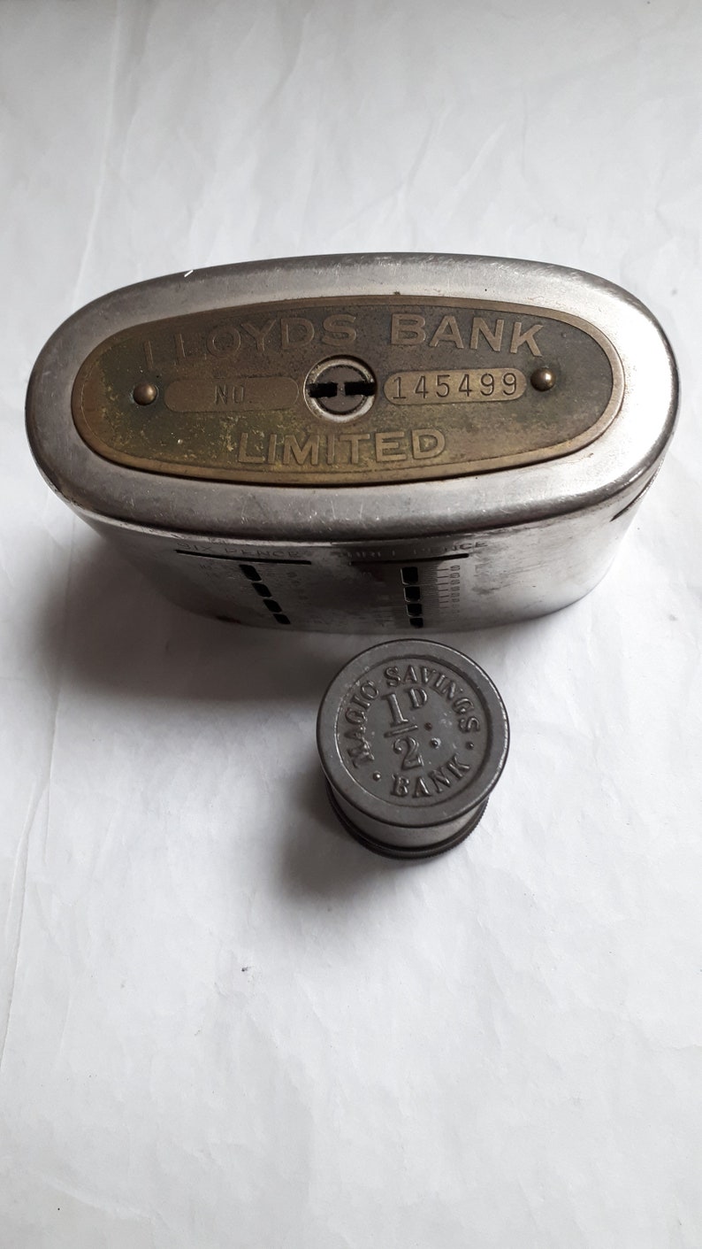 LLOYDS BANK Moneybox With Patent, Very Old Plus Tiny Ha'penny Savings