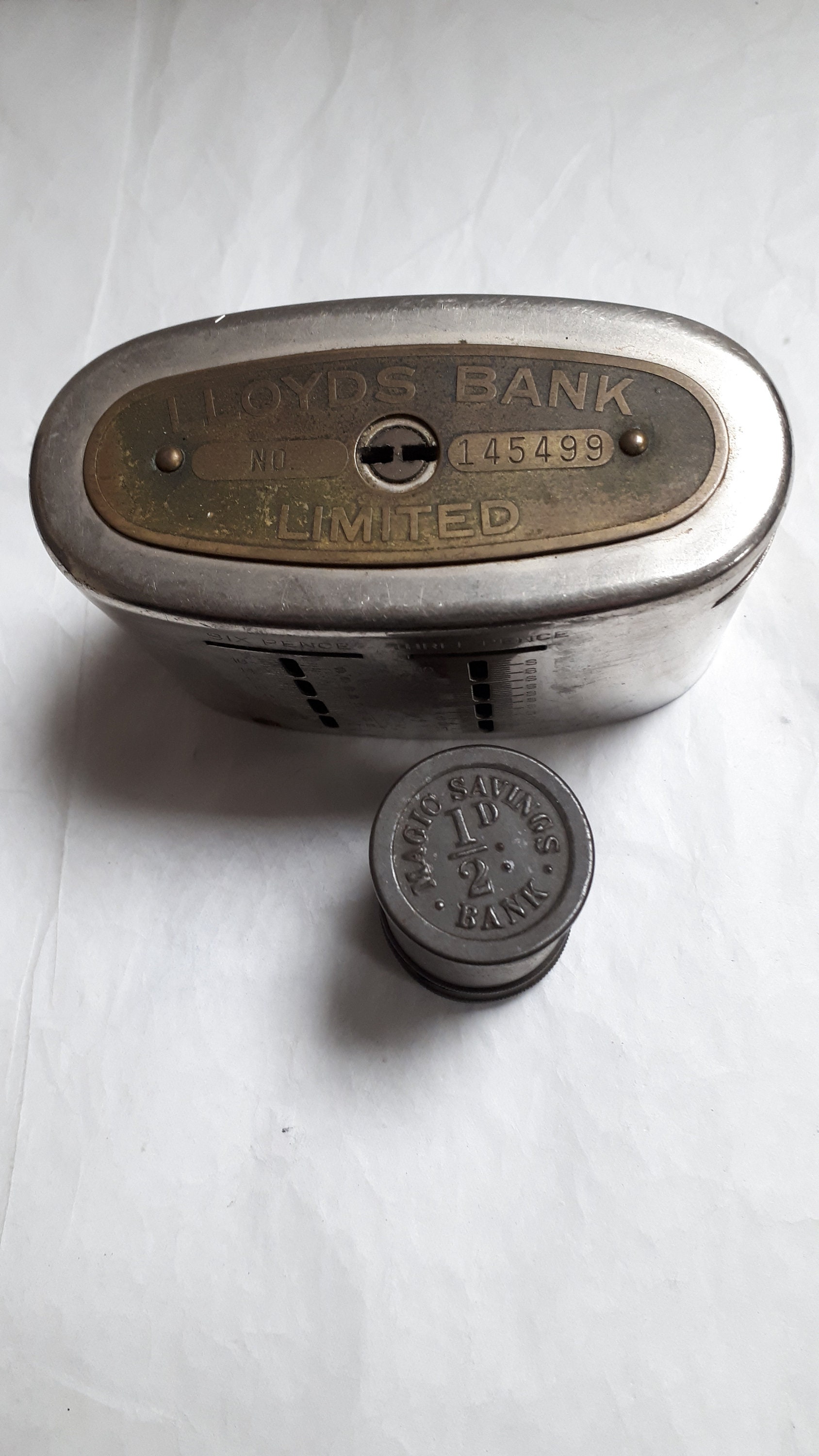 LLOYDS BANK Moneybox With Patent, Very Old Plus Tiny Ha'penny Savings