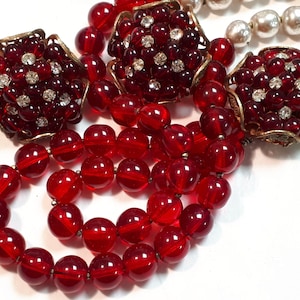 MIRIAM HASKELL choker necklace and earrings, red crystal and Niki pearls, choker, small