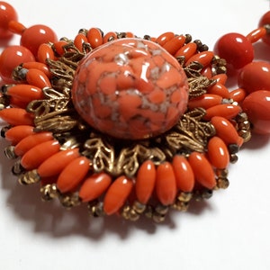 MIRIAM HASKELL, vintage coral glass necklace, 3 strands, filigree medaillon