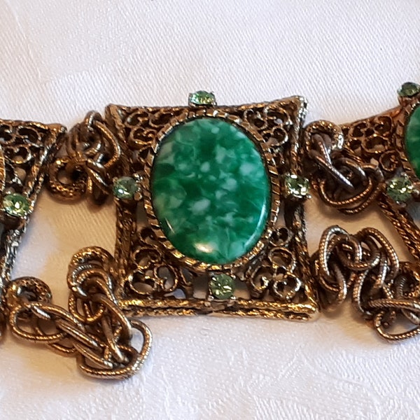 LJM vintage necklace, green art glass antik goldtone sixties