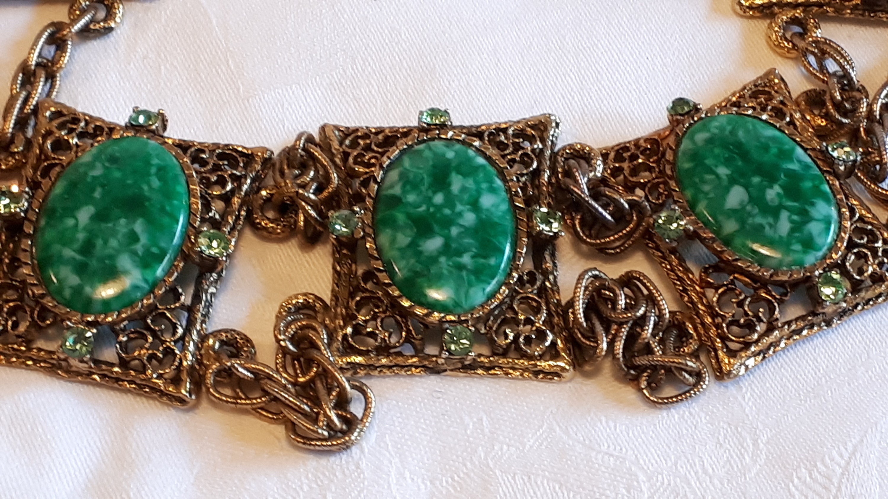 Vtg Gold-Tone Filigree Panel Belt Ornate Art Deco Boho MCM Green Peking Glass Green Vintage Belts for sale | eBay main image 2