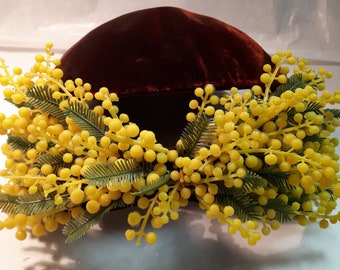 BES-BES vintage hat, yellow wattle mimosa, bronze velvet, original label, thirties