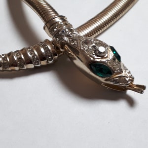 May include: A silver snake necklace with a coiled body and a detailed snake head with green gem eyes. The snake head is encrusted with rhinestones.