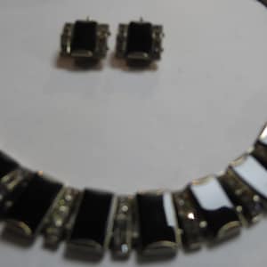 DOSO BLACK BAKELITE necklace & earrings -  art deco, chromed metal