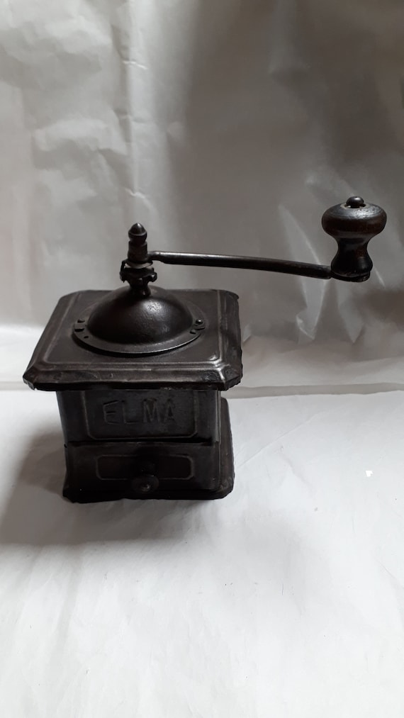 Antique Coffee Grinder, ELMA Original Sheet Metal, Wooden Knobs