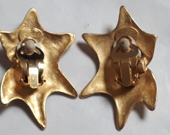 MADAME GRES Earrings, Haute Couture, Goldtone, Green Art