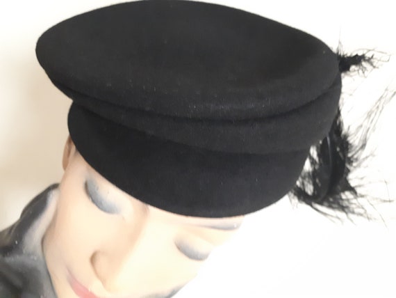 Vintage forties hat, black wool felt, cap with fe… - image 4