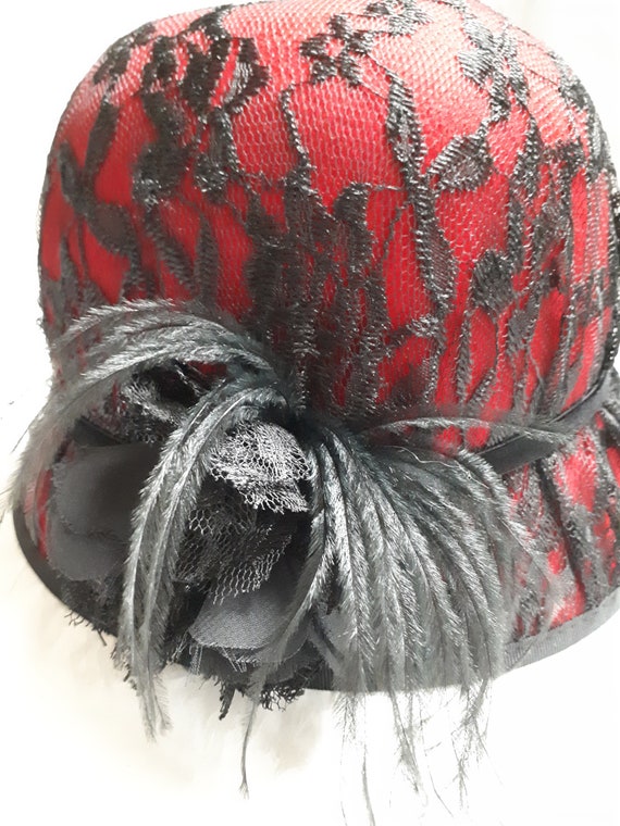 GATSBY cloche hat Downton Abbey red wool felt and bla… - Gem display picture 2