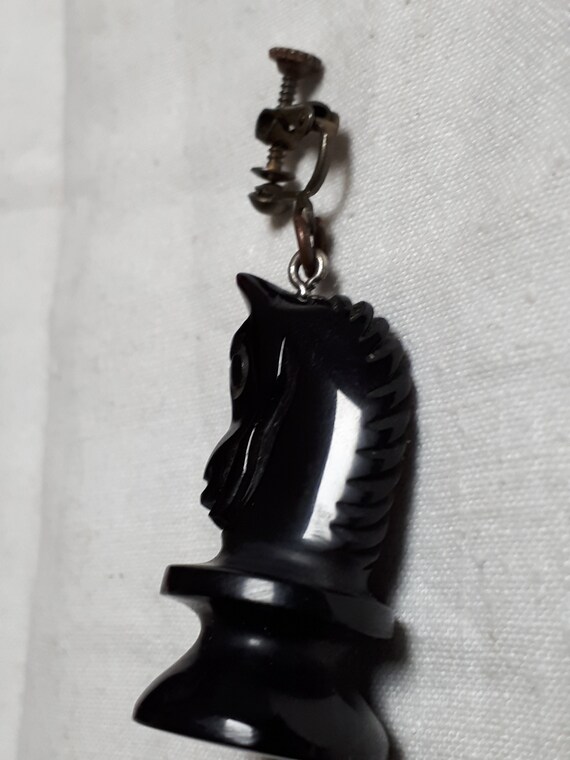 Black carved bakelite CHESS clipback earrings, ho… - image 7