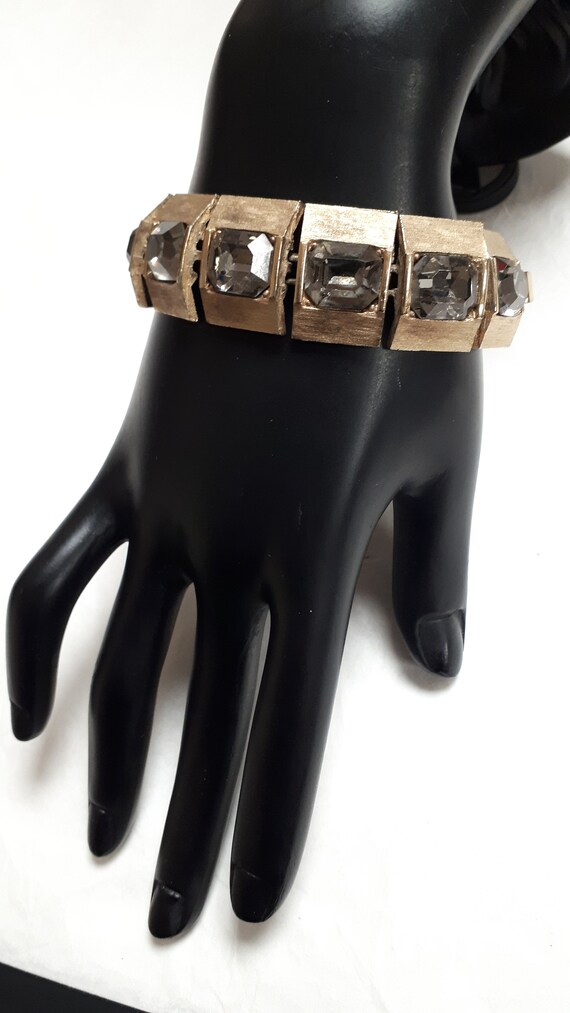 Goldtone art deco bracelet, black diamond baguett… - image 9