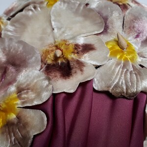 ELSA SCHIAPARELLI hat, velvet pansies, lots of pansies, mauve, purple, cream, magenta image 2