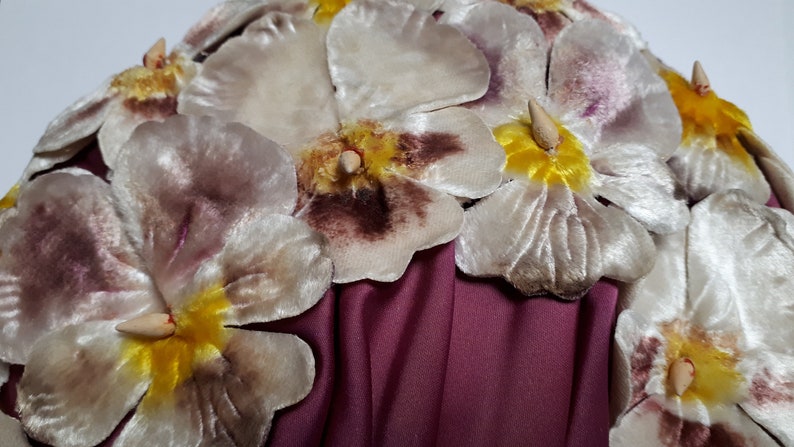 ELSA SCHIAPARELLI hat, velvet pansies, lots of pansies, mauve, purple, cream, magenta image 2