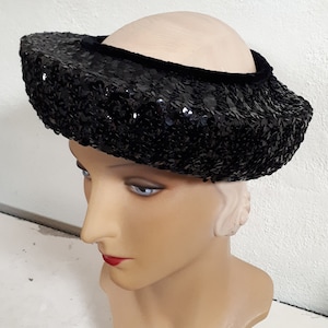 Black sequinned hat, hand made, rare item, couture