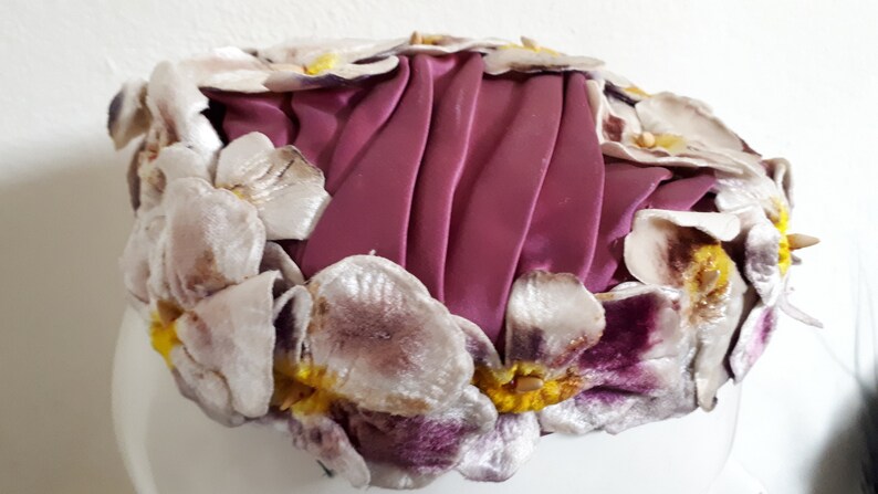 ELSA SCHIAPARELLI hat, velvet pansies, lots of pansies, mauve, purple, cream, magenta image 3