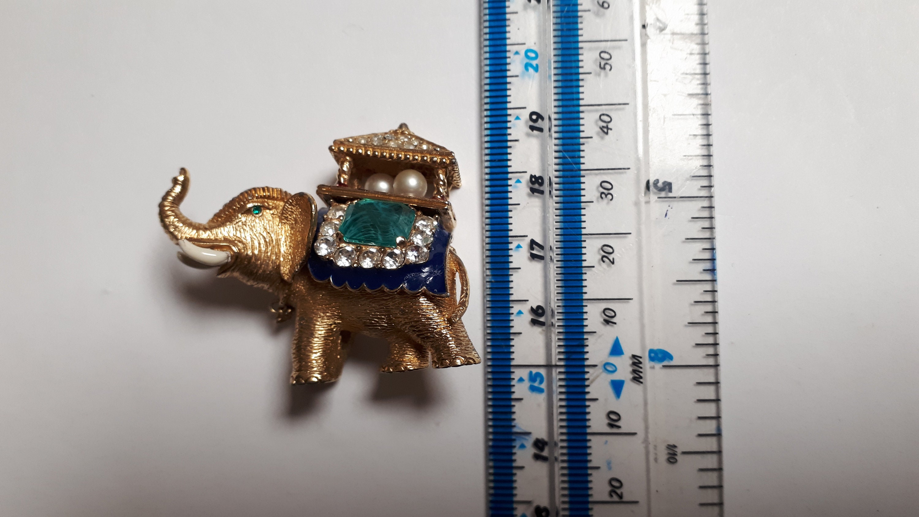 Vintage Ciner Elephant Brooch, Goldtone, Flawed Emerald Vintage Ciner Elephant Brooch, Goldtone, Flawed Emerald