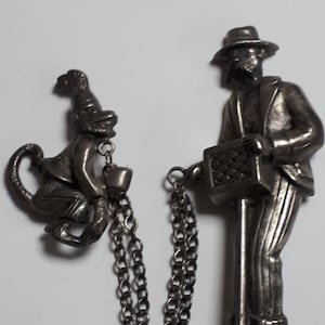 STERLING MONKEY & organ grinder - Sterling silver brooch or sweater guard, organ-grinder and monkey, MARLEEN, forties