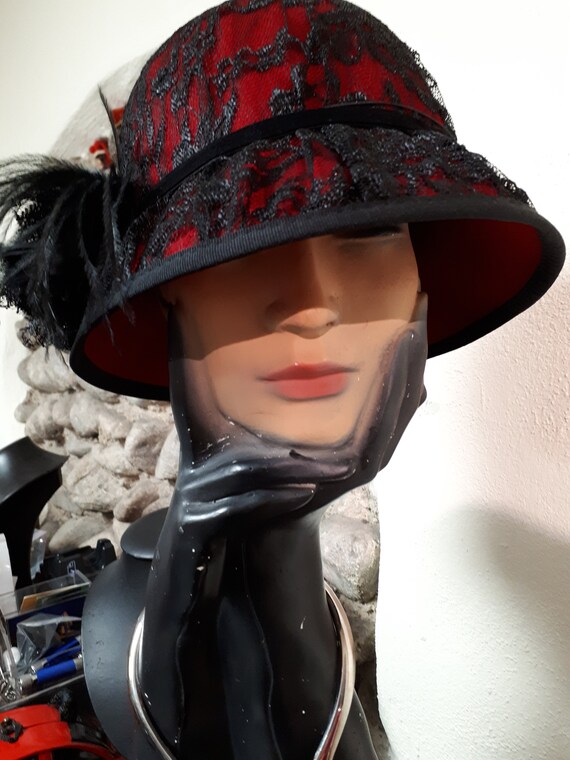 GATSBY cloche hat Downton Abbey red wool felt and bla… - Gem display picture 3
