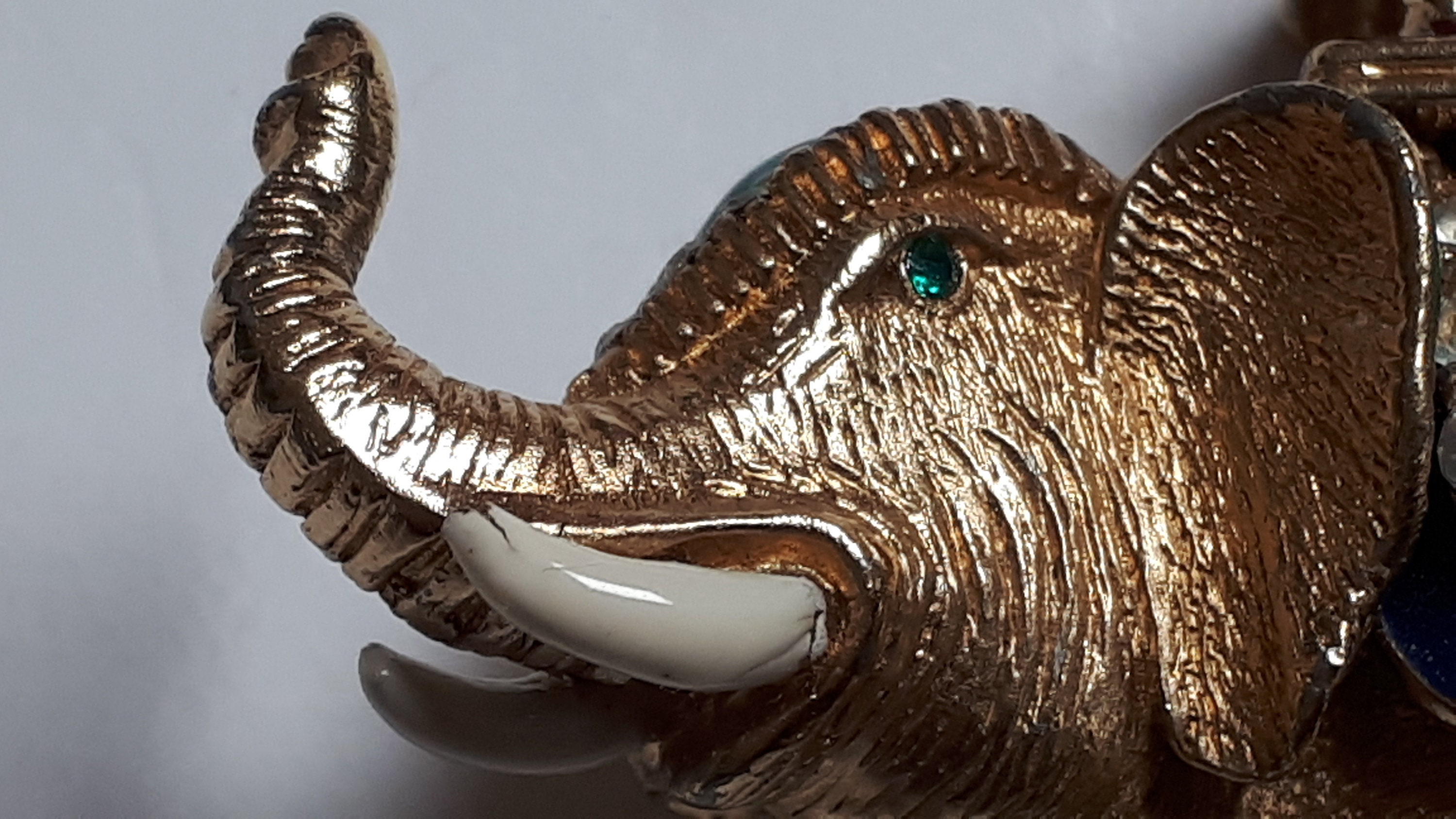 Vintage Ciner Elephant Brooch, Goldtone, Flawed Emerald Vintage Ciner Elephant Brooch, Goldtone, Flawed Emerald