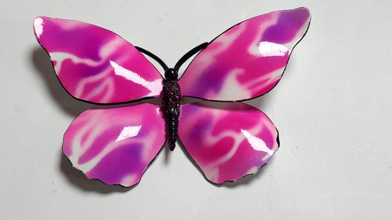 HUGE PINK butterfly brooch, enamelled metal, vinta