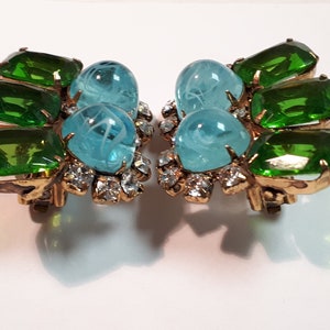 Earrings, IRADJ MOINI, vintage Czech stones, fabulous green baguettes and pale blue glass cabs, clipons