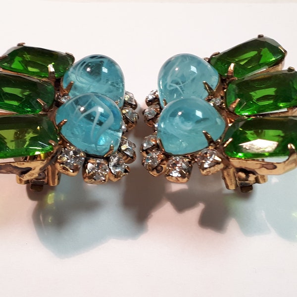 IRADJ MOINI, vintage Czech stones, fabulous green baguettes and pale blue glass cabs, clipons