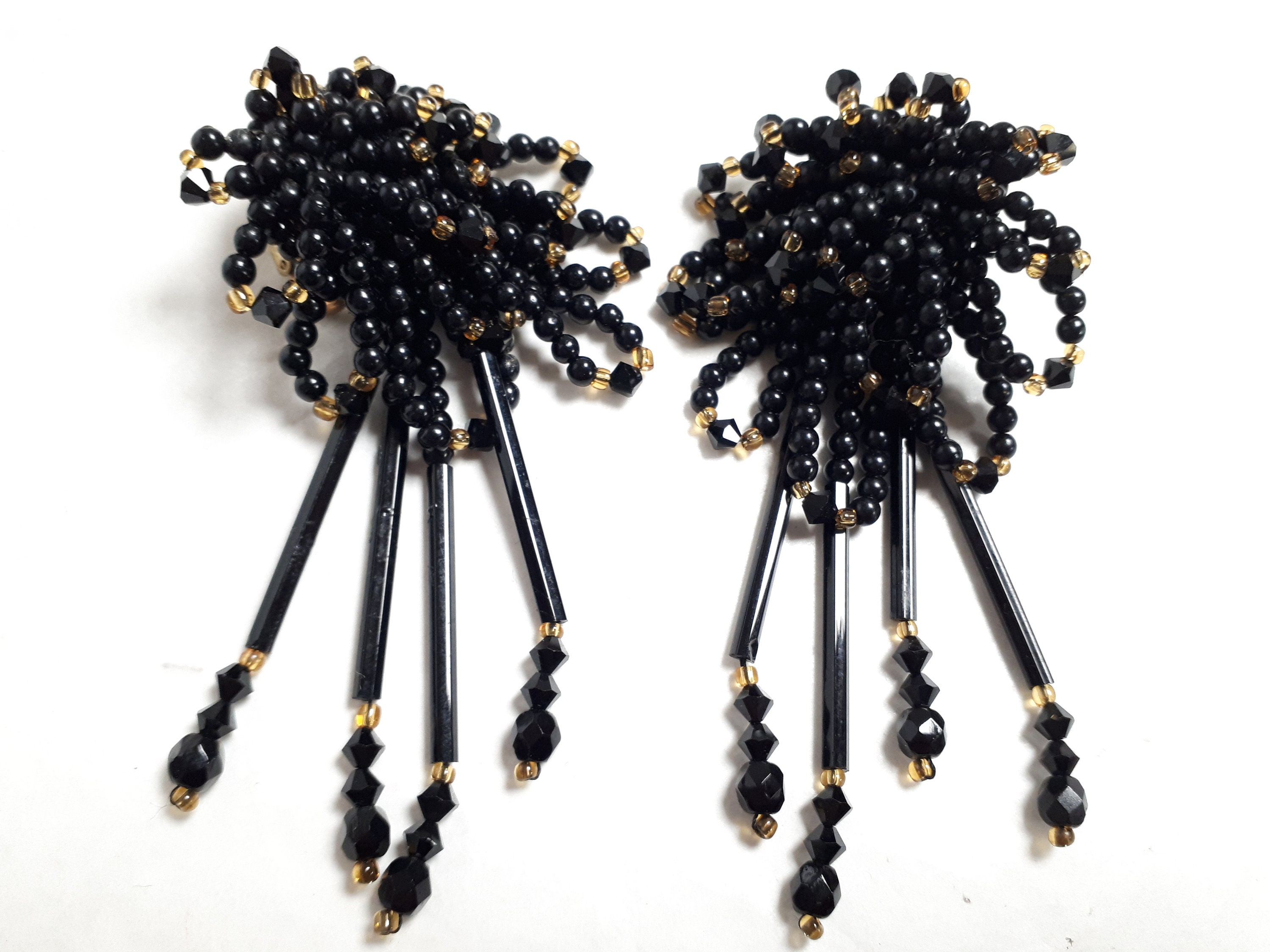 VOGUE JLRY black glass dangle earrings, clipons, rare signed sixties