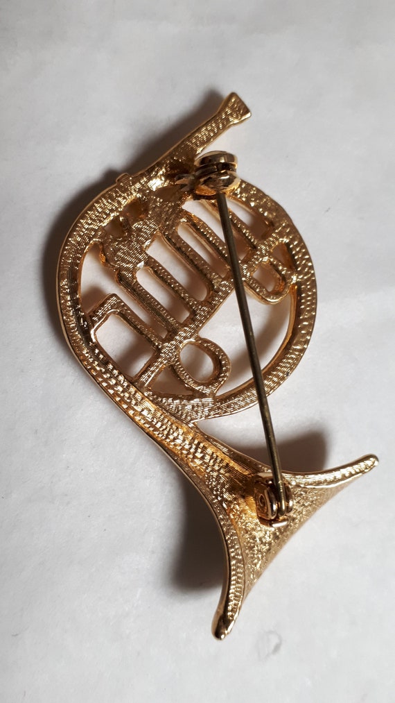 FRENCH HORN brooch, goldtone metal with clear rhi… - image 6