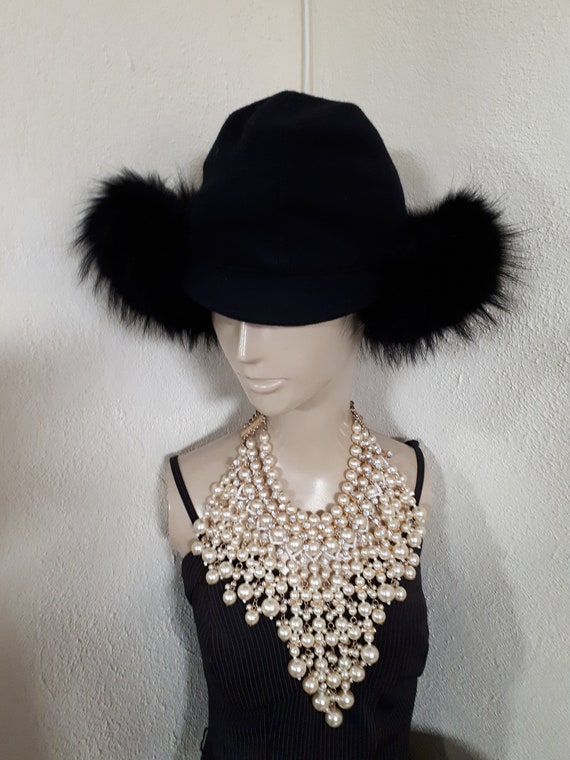 WINTER HAT ladies couture, black wool felt, fur, … - image 2