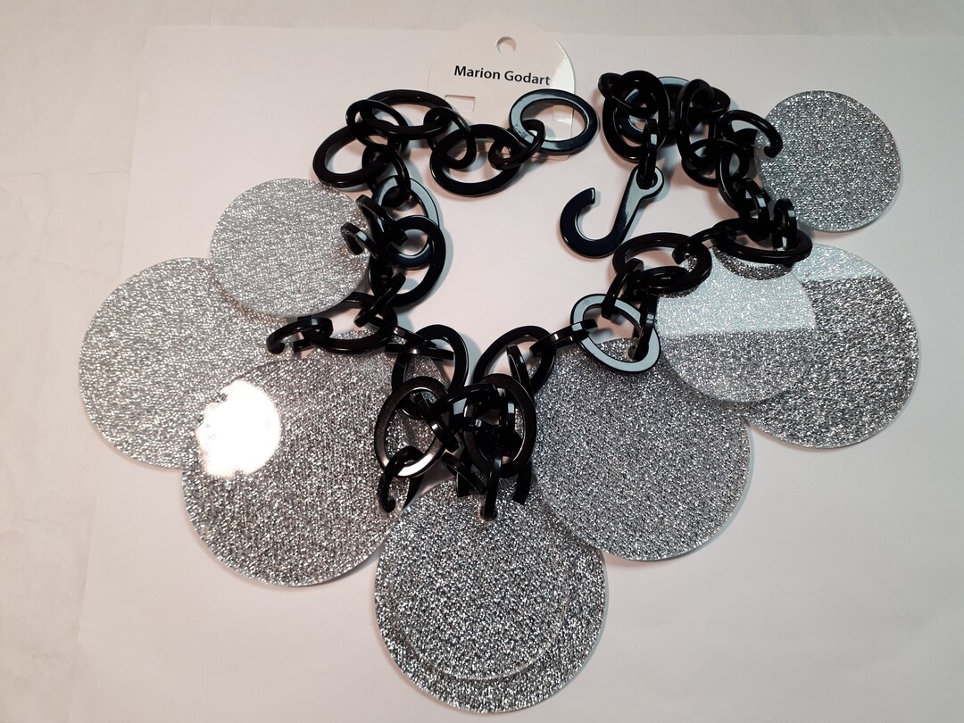 MARION GODART Necklace, Huge Sparkly Silver Discs on a Black Resin