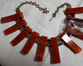 BAKELITE necklace, burnt orange, HUGE wedges on goldtone, art deco, authentic