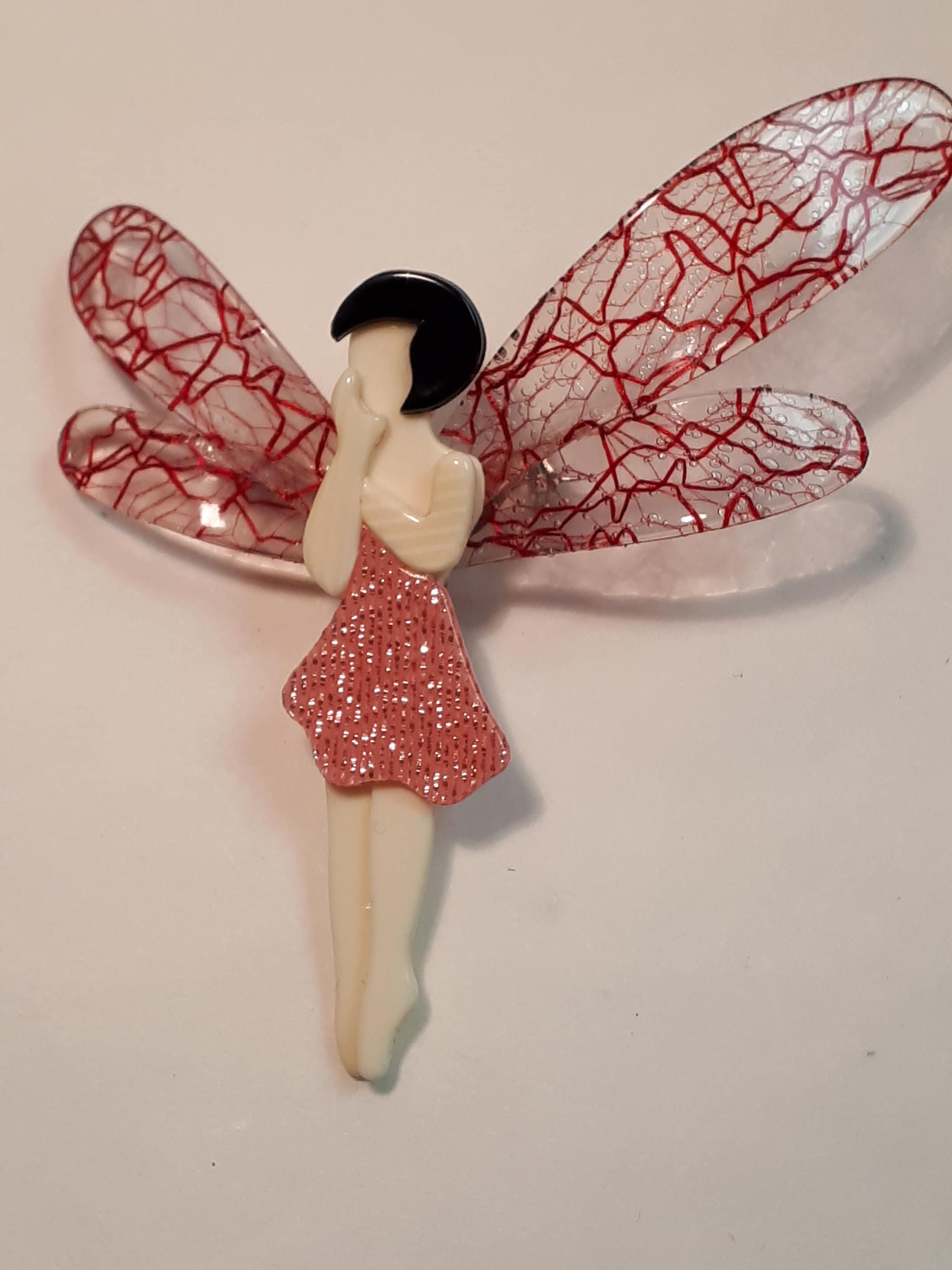 LEA STEIN FAIRY Brooch, Authentic Signed, Pink Dress With Glitter