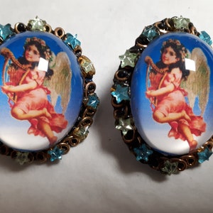 Vintag angel Christmas earrings vintage NIKI BODEN, blue green, harp, large oval, Swarovski rhinestones