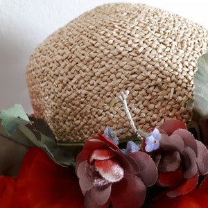 ELSA SCHIAPARELLI vintage hat, straw with poppies and forget-me-nots, wide-brimmed image 6