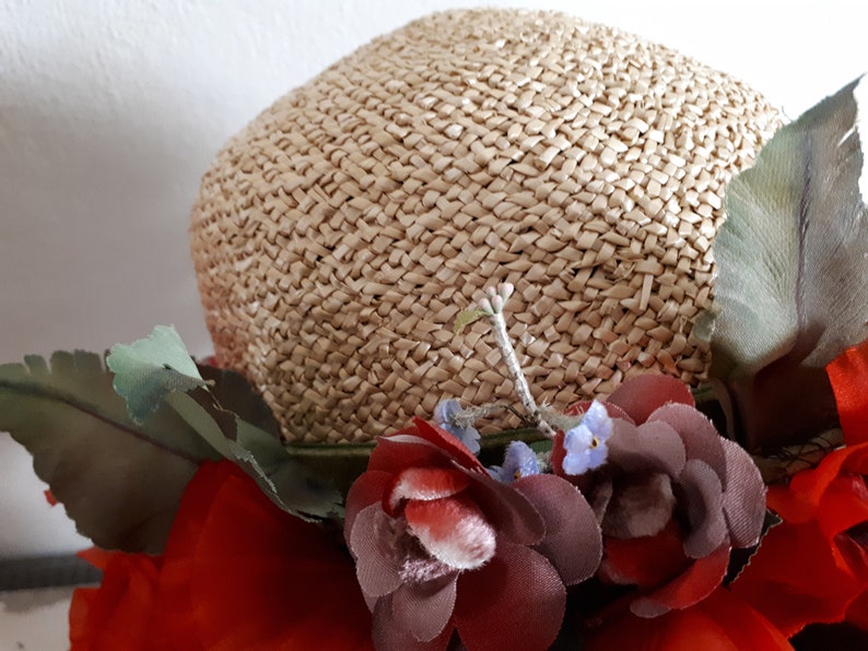 ELSA SCHIAPARELLI vintage hat, straw with poppies and forget-me-nots, wide-brimmed image 6