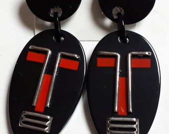 Marion Godart mask earrings, clip, black and red, long dangles, French design.