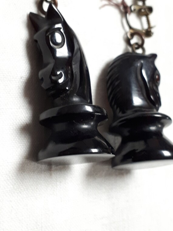 Black carved bakelite CHESS clipback earrings, ho… - image 3