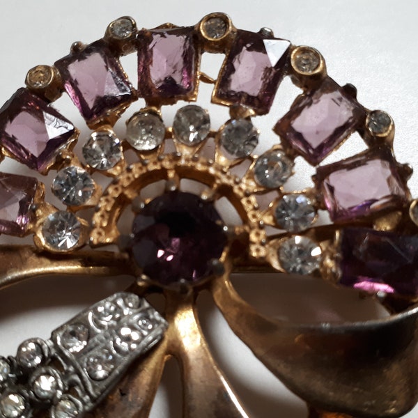 FORTIES brooch, vermeil, unfoiled amethyst rhinestones, fan-shaped, bows, delicate but oomphy.