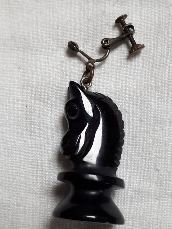 Black carved bakelite CHESS clipback earrings, ho… - image 6