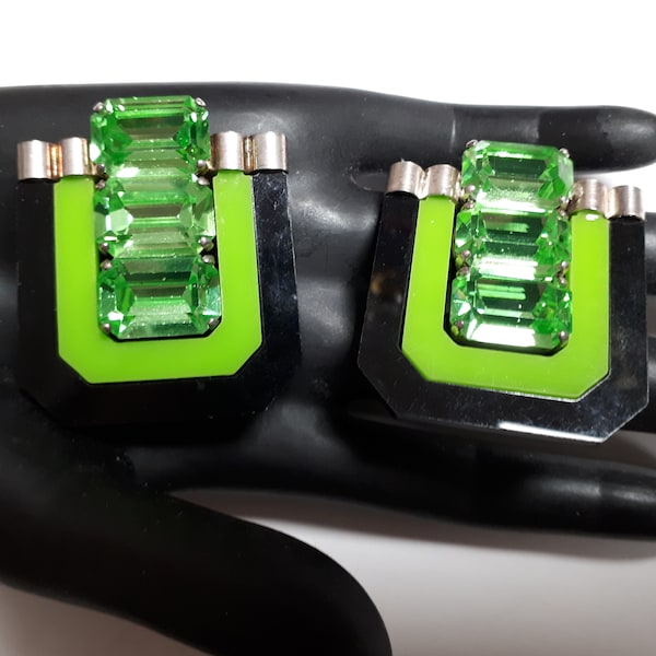ART DECO style earrings, green & black acrylic with huge green baguette RHINESTONES, fabulous
