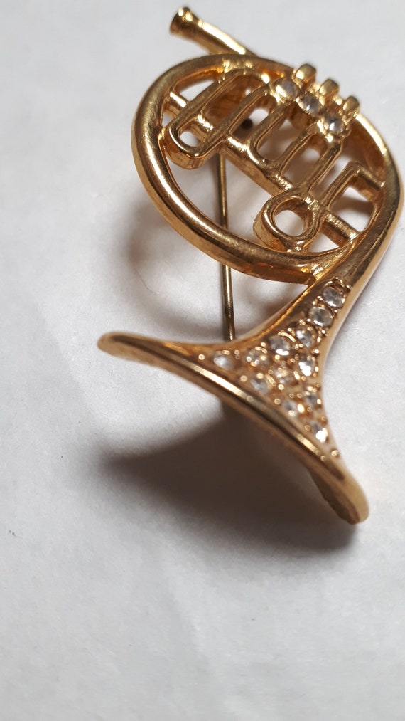 FRENCH HORN brooch, goldtone metal with clear rhi… - image 2